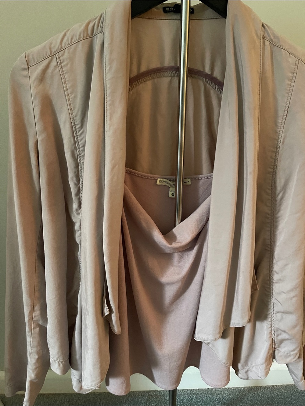 Express Light Pink Draped Open-Front Blazer and matching camisole